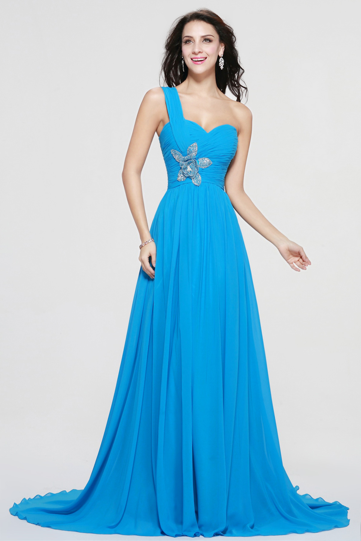 A-line One Shoulder Sweep/Brush Train Chiffon Evening Dress - Thumbnail 2