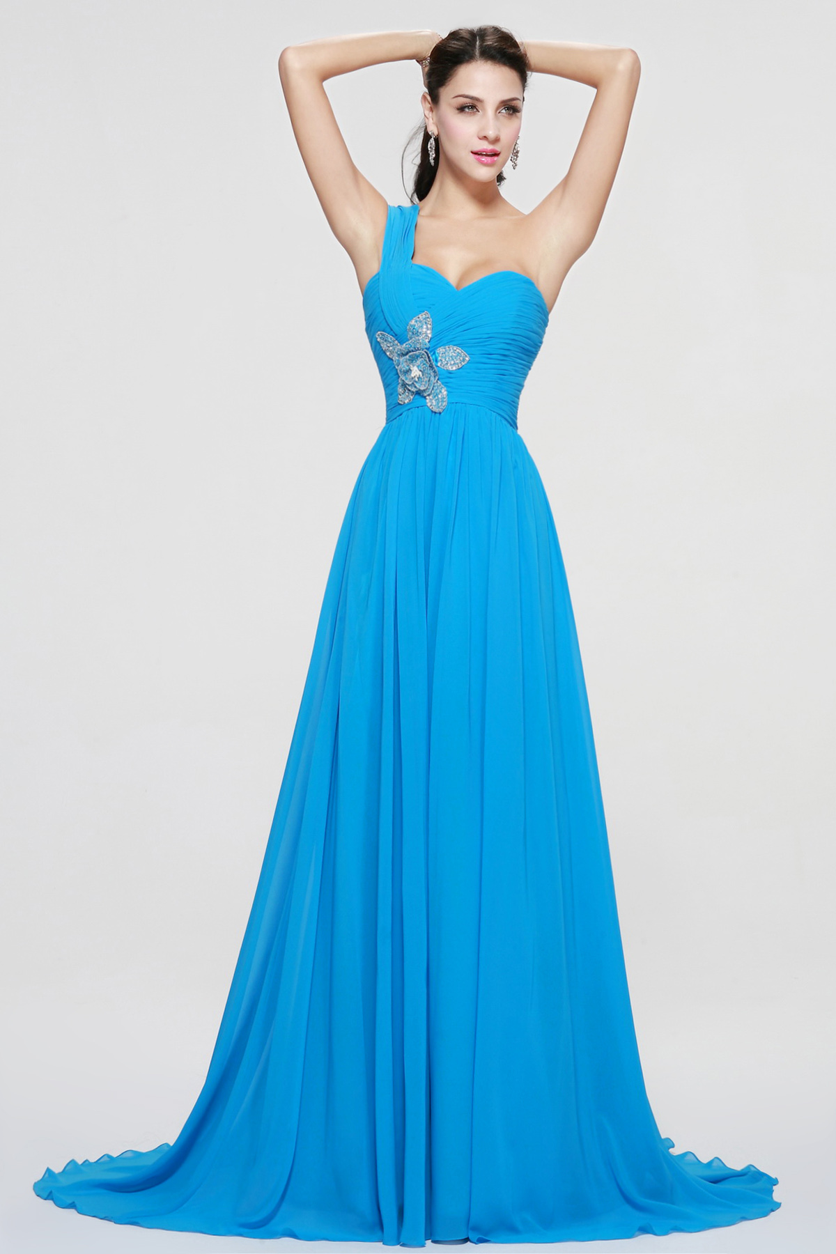 A-line One Shoulder Sweep/Brush Train Chiffon Evening Dress - Thumbnail 3