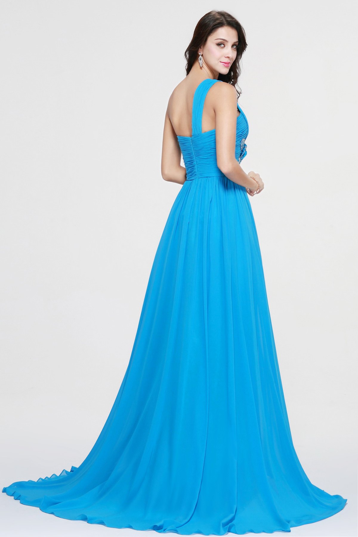 A-line One Shoulder Sweep/Brush Train Chiffon Evening Dress - Thumbnail 4
