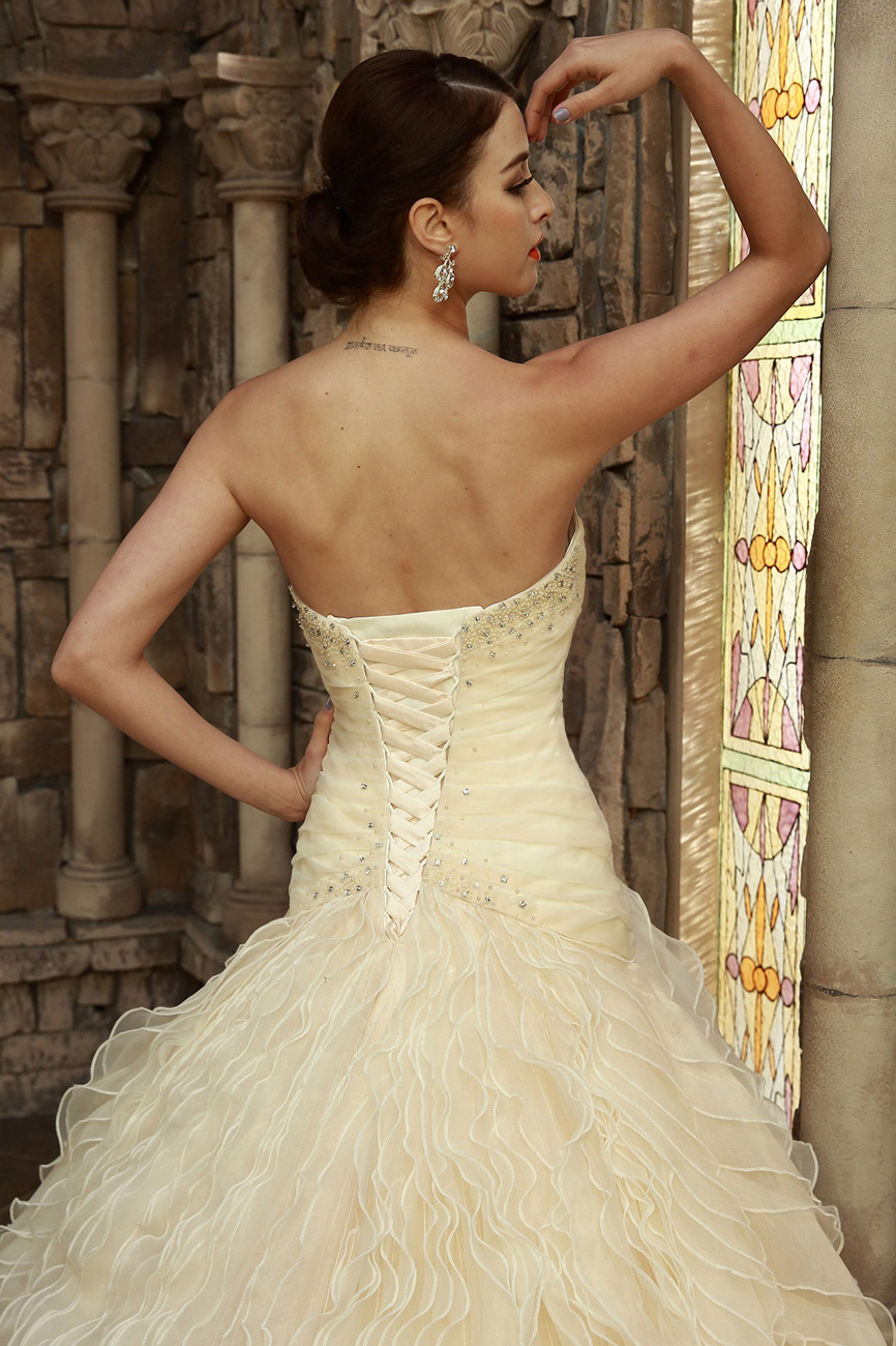 Ball Gown Sweetheart Chapel Train Organza Wedding Dress - Thumbnail 4