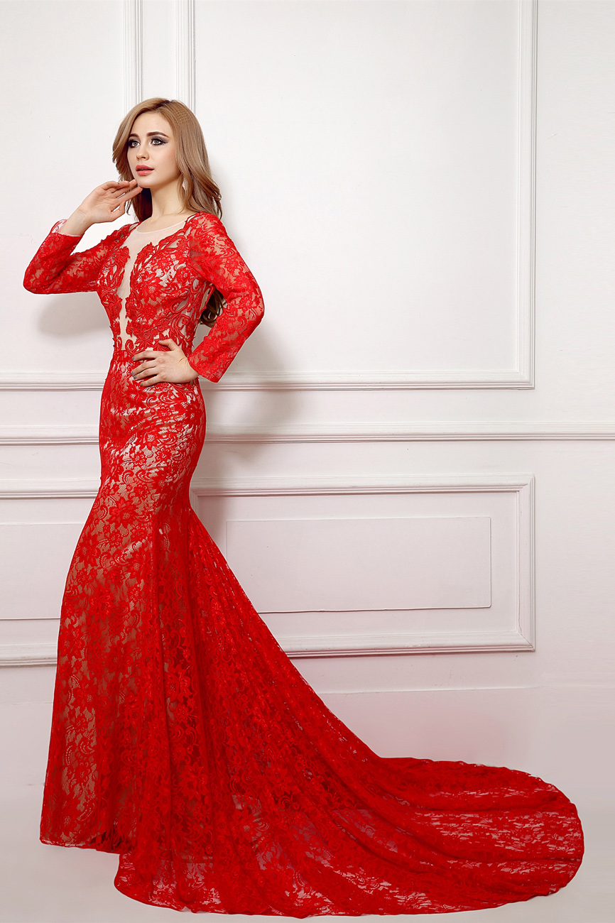 Trumpet/Mermaid Scoop Court Train Lace Evening Dress - Thumbnail 2