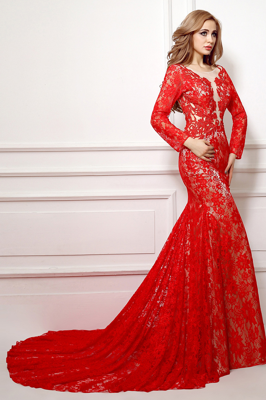 Trumpet/Mermaid Scoop Court Train Lace Evening Dress - Thumbnail 3