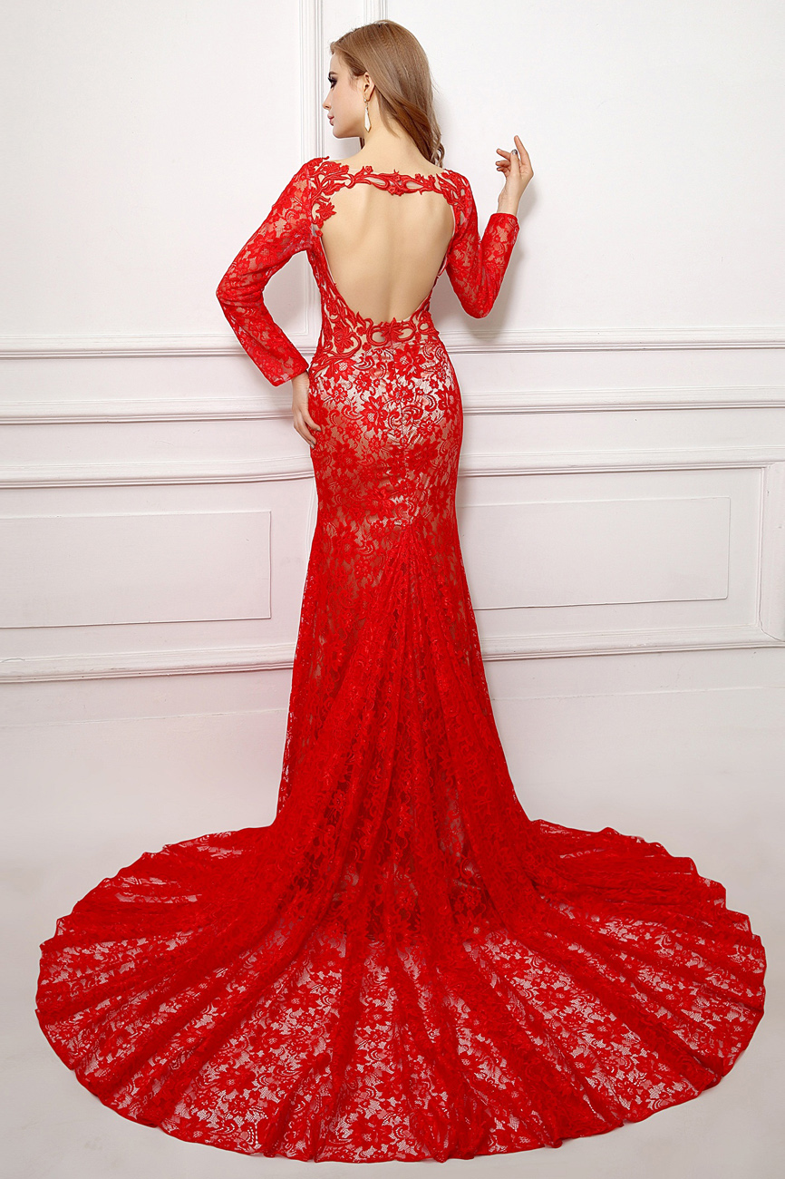 Trumpet/Mermaid Scoop Court Train Lace Evening Dress - Thumbnail 4
