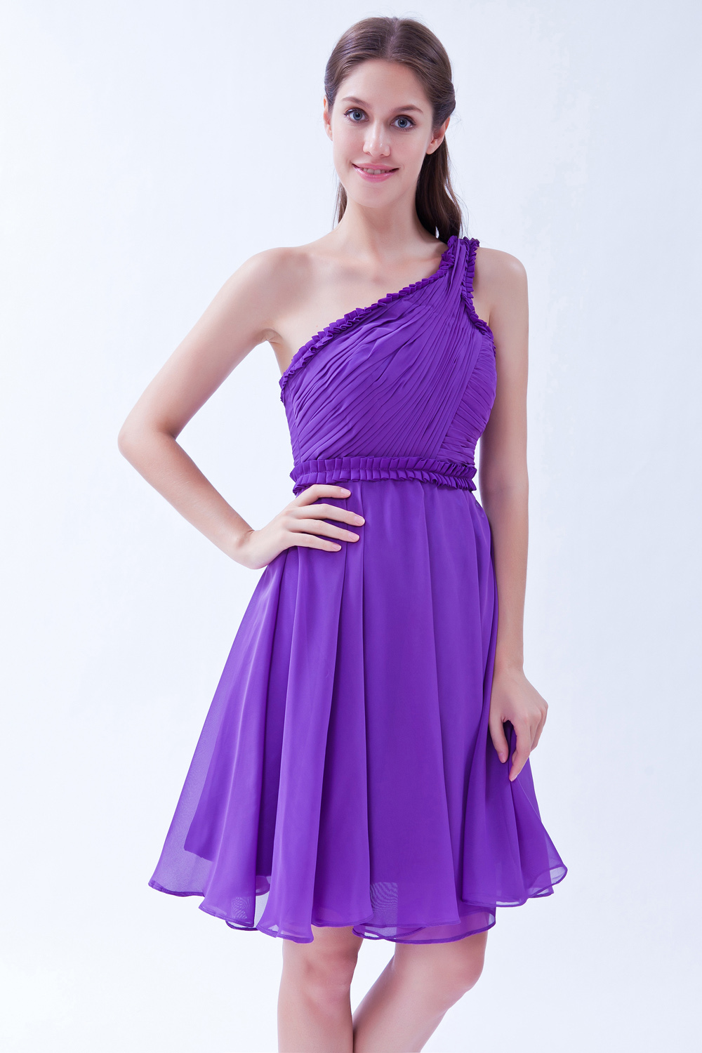 A-line One Shoulder Short/Mini Chiffon Bridesmaid Dress - Thumbnail 4