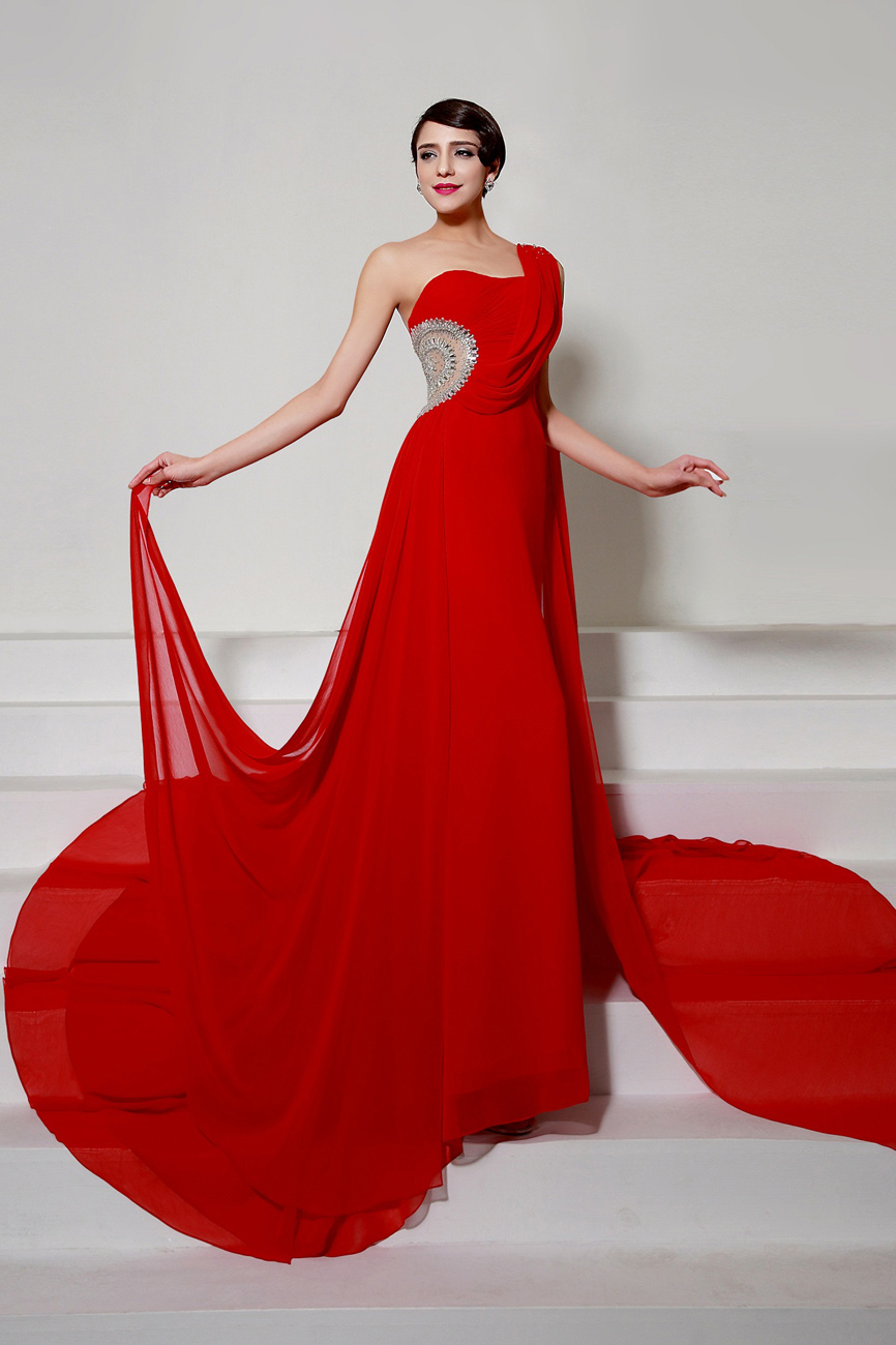 Sheath/Columnn One Shoulder Court Train Chiffon Evening Dress - Thumbnail 2
