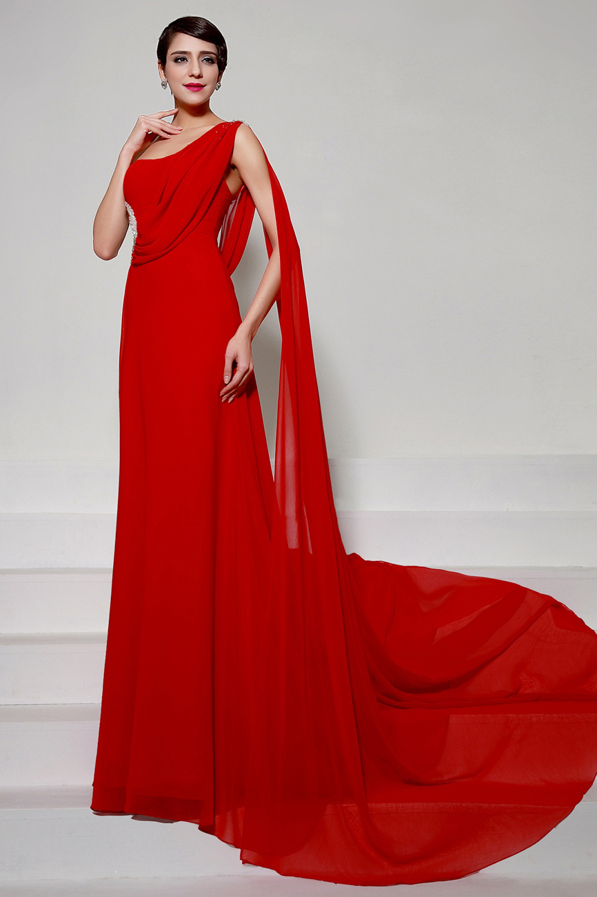 Sheath/Columnn One Shoulder Court Train Chiffon Evening Dress - Thumbnail 3