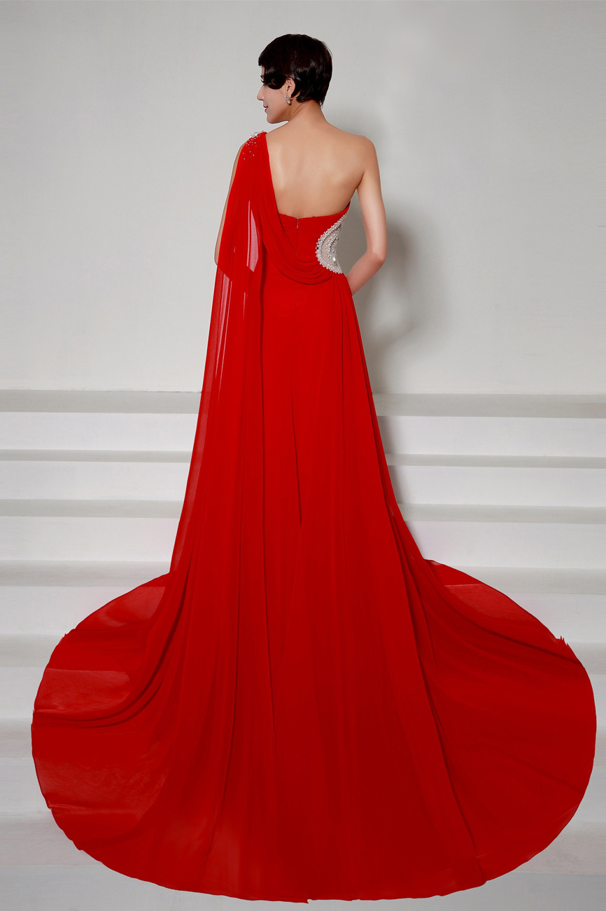 Sheath/Columnn One Shoulder Court Train Chiffon Evening Dress - Thumbnail 4