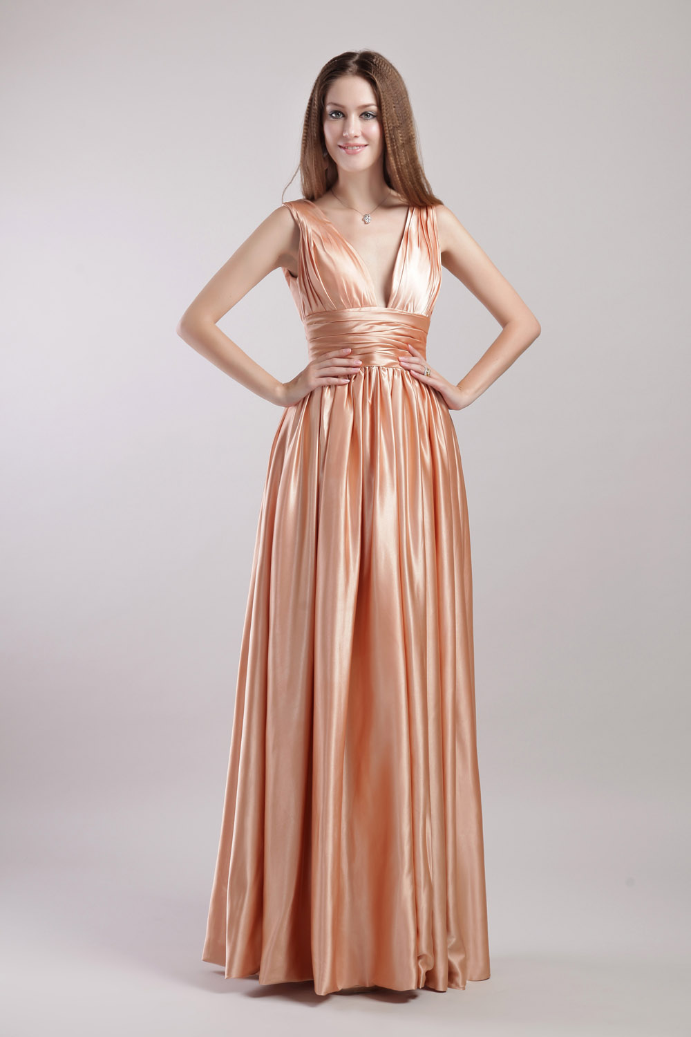 A-line V-neck Floor-length Satin Evening Dress - Thumbnail 2