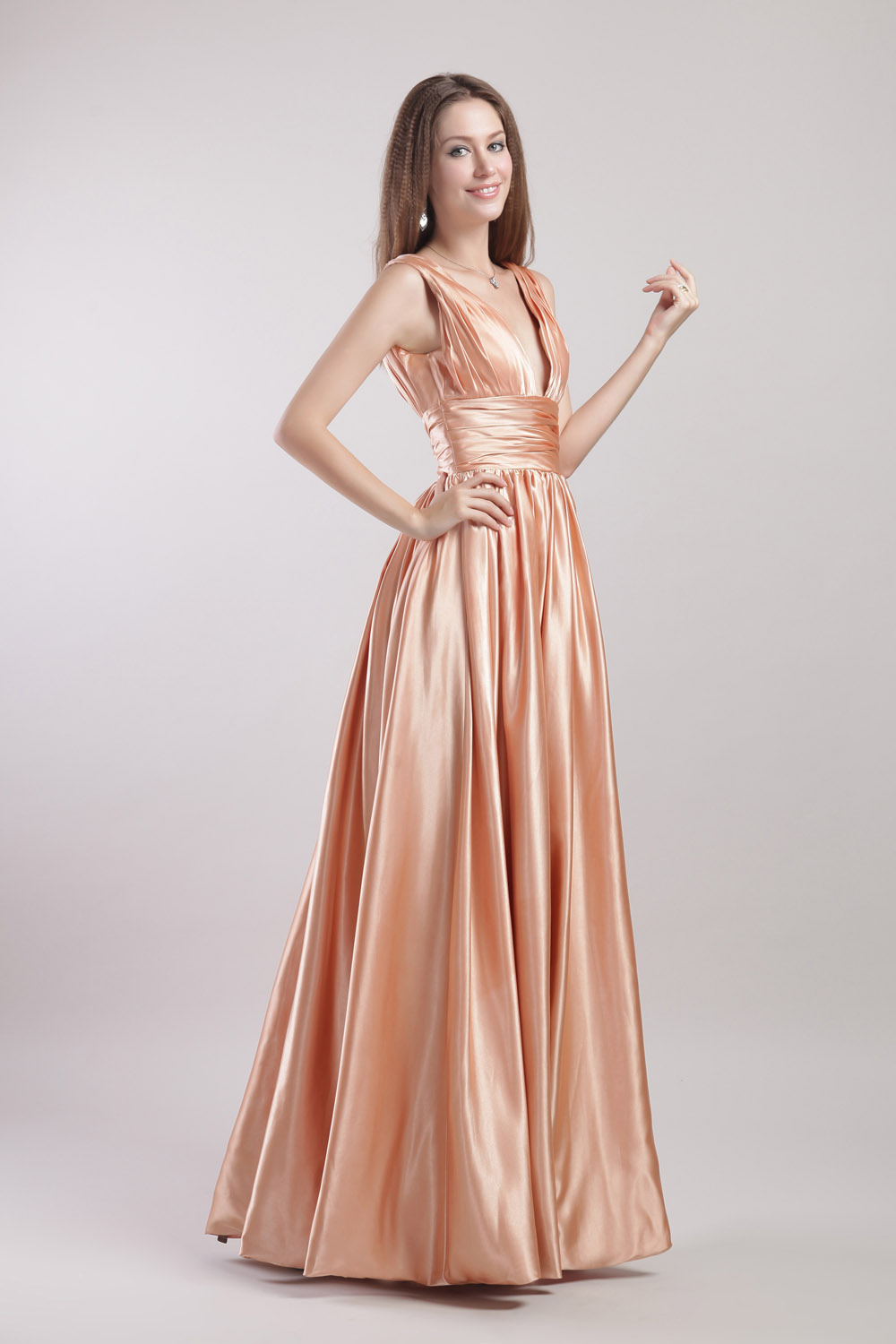 A-line V-neck Floor-length Satin Evening Dress - Thumbnail 3
