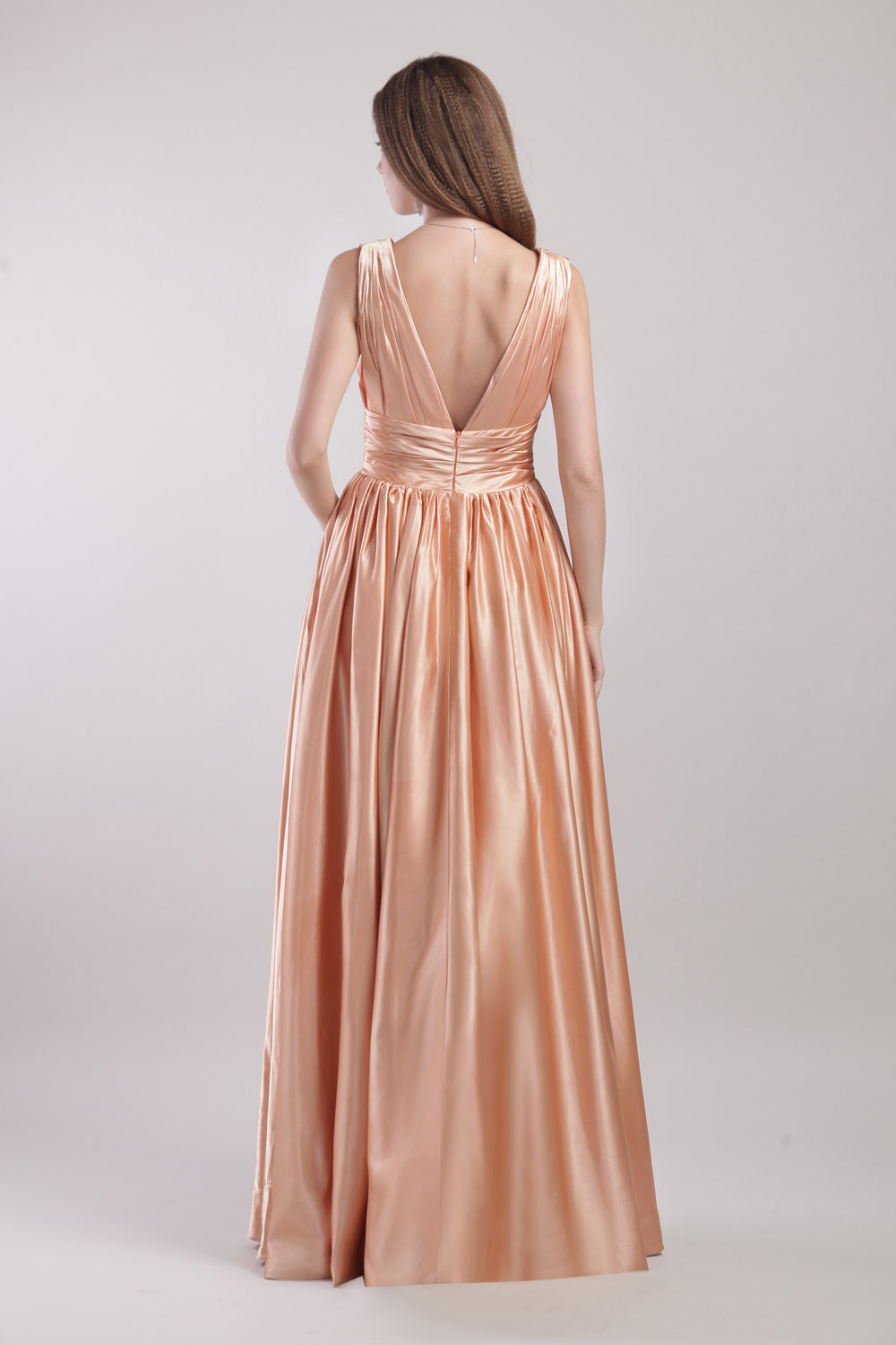 A-line V-neck Floor-length Satin Evening Dress - Thumbnail 5