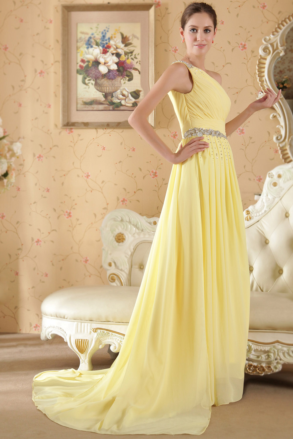 A-line One Shoulder Sweep/Brush Train Chiffon Evening Dress - Thumbnail 3