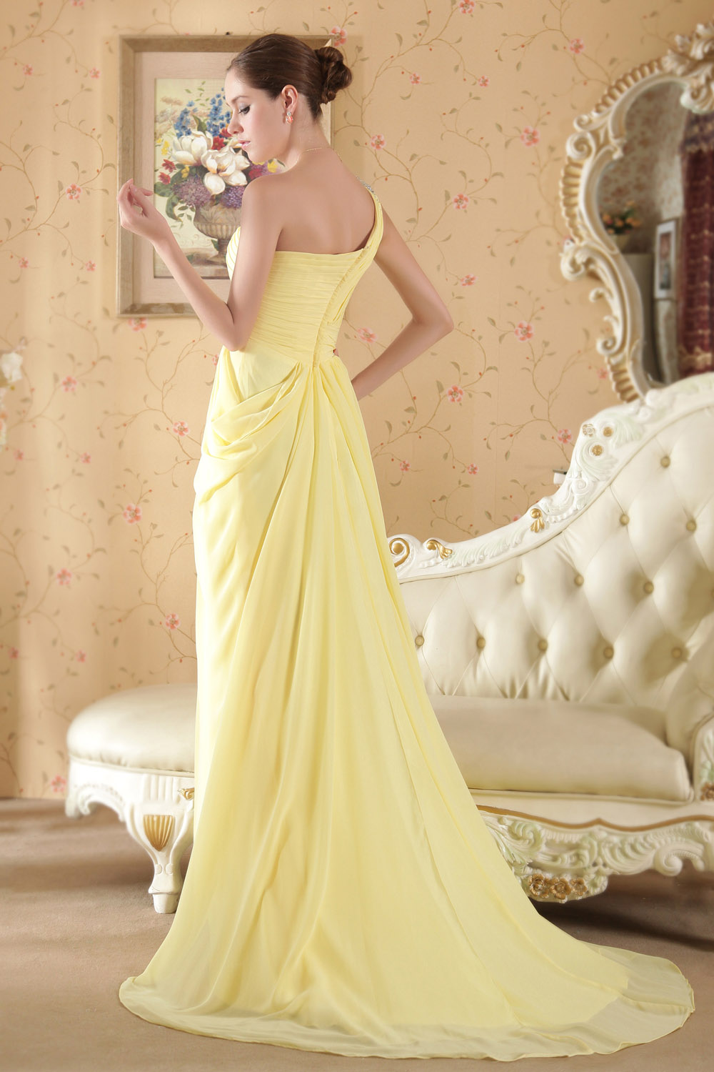A-line One Shoulder Sweep/Brush Train Chiffon Evening Dress - Thumbnail 4