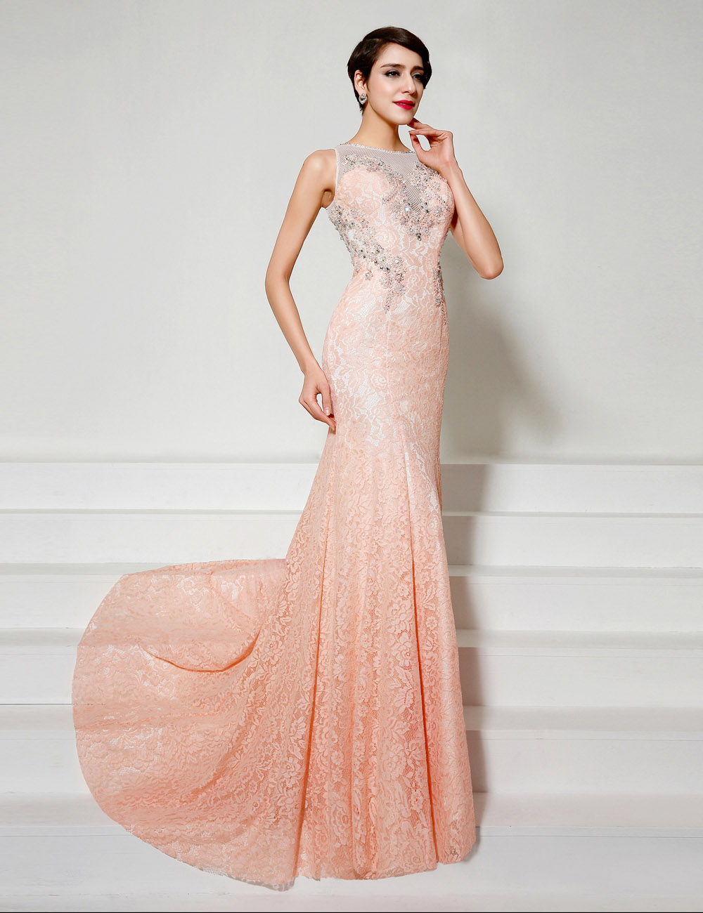 Trumpet/Mermaid Sheath/Column V-neck Sweep/Brush Train Chiffon Evening Dress - Thumbnail 2