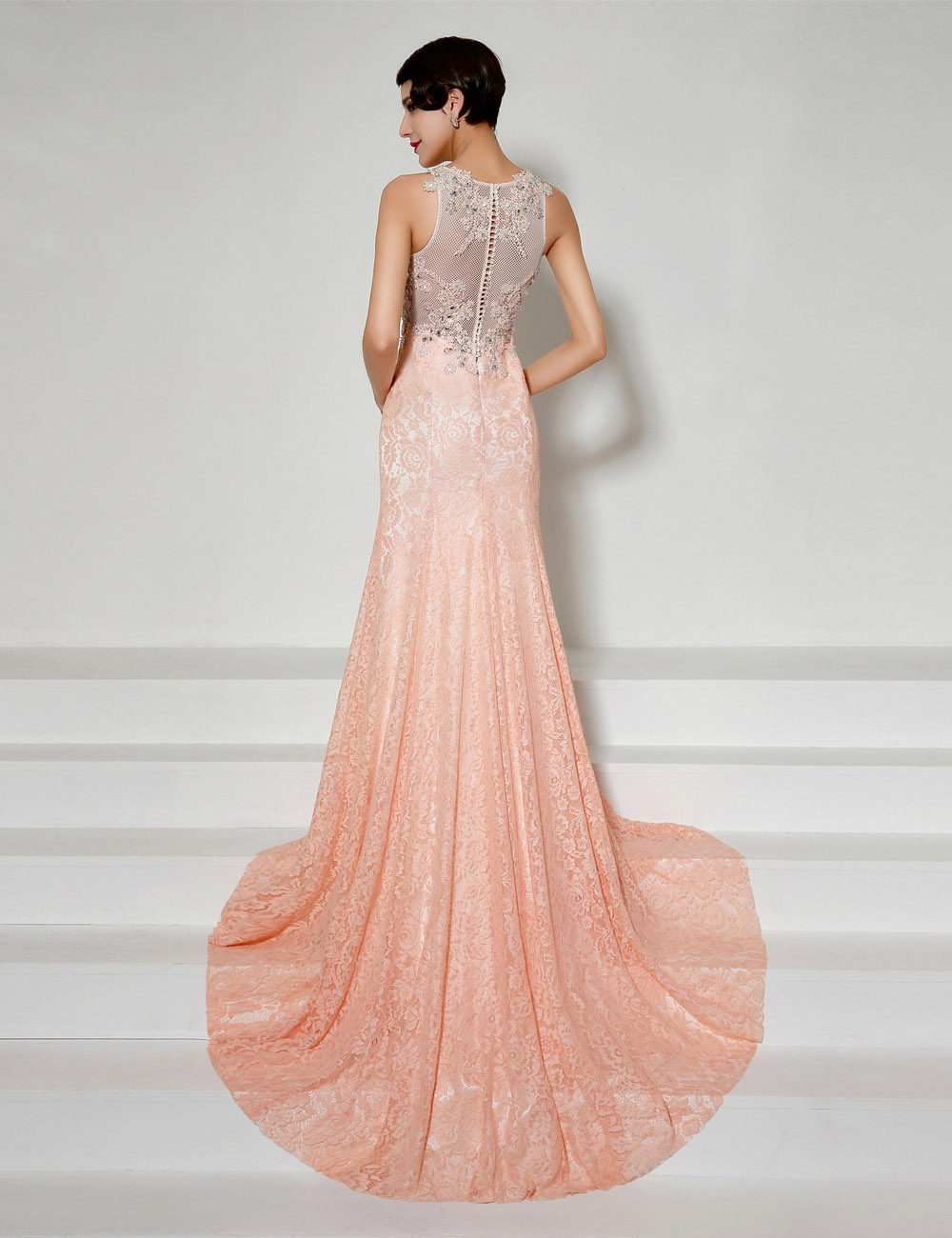 Trumpet/Mermaid Sheath/Column V-neck Sweep/Brush Train Chiffon Evening Dress - Thumbnail 3