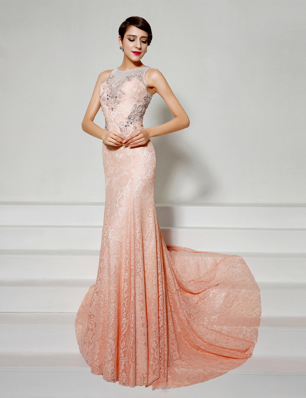Trumpet/Mermaid Sheath/Column V-neck Sweep/Brush Train Chiffon Evening Dress - Thumbnail 6