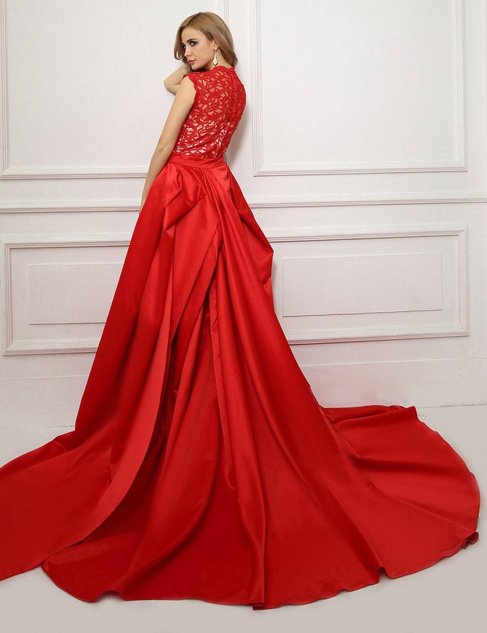 Sheath/Column Trumpet/Mermaid V-neck Sweep/Brush Train Lace Evening Dress - Thumbnail 2