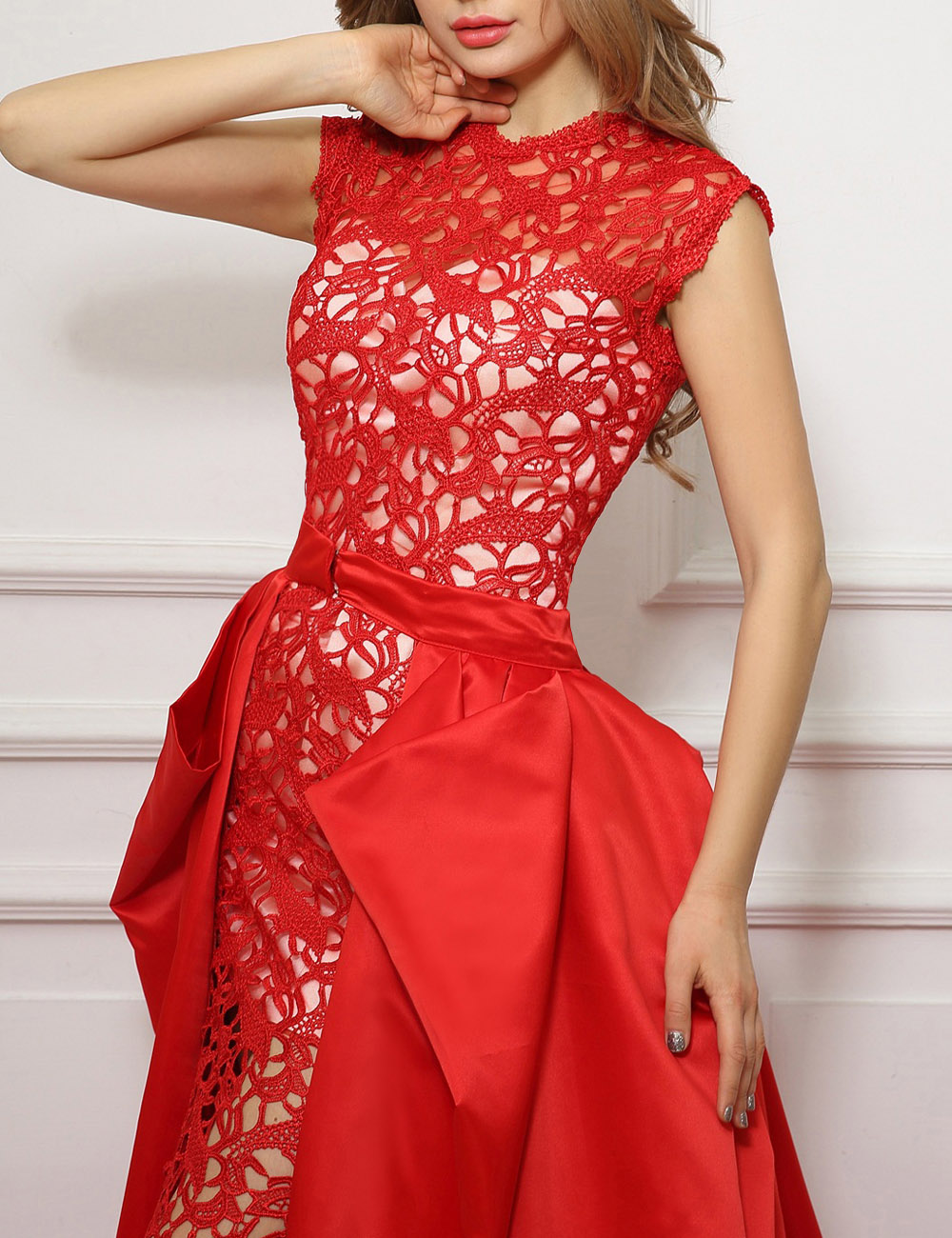 Sheath/Column Trumpet/Mermaid V-neck Sweep/Brush Train Lace Evening Dress - Thumbnail 5